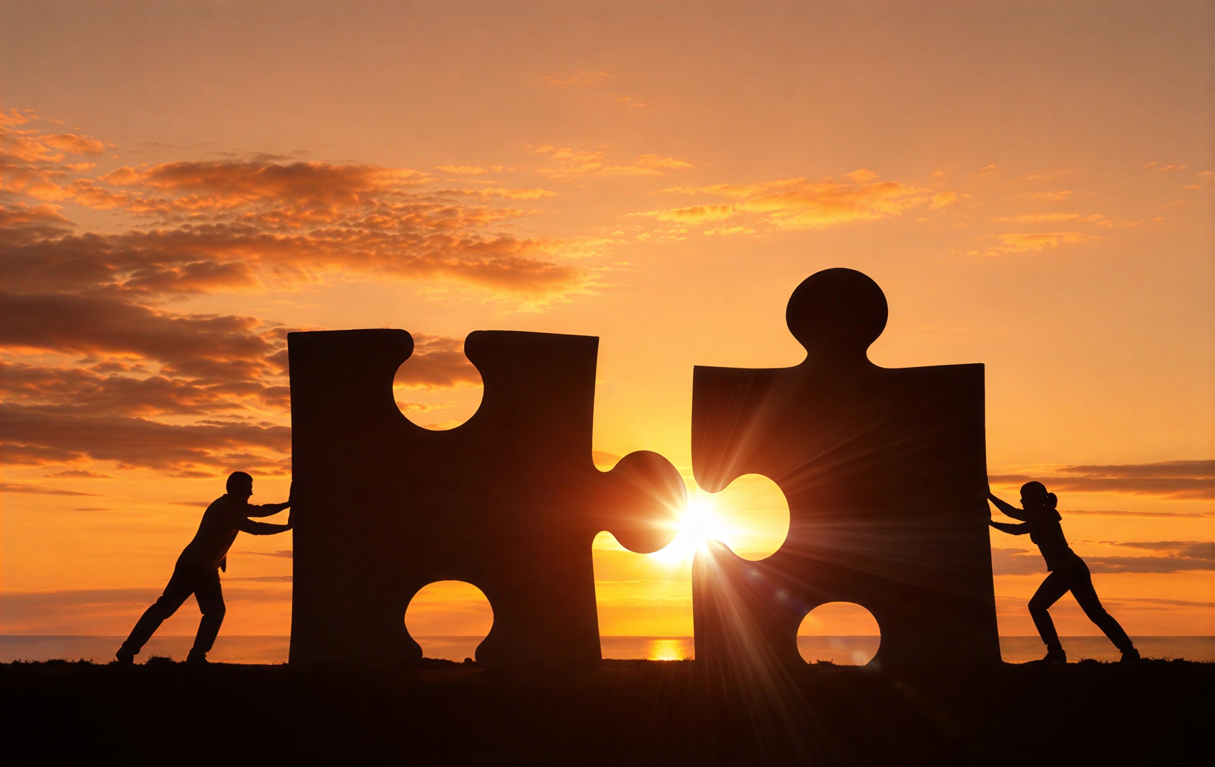 Deux silhouettes assemblant des pièces de puzzle au coucher du soleil
